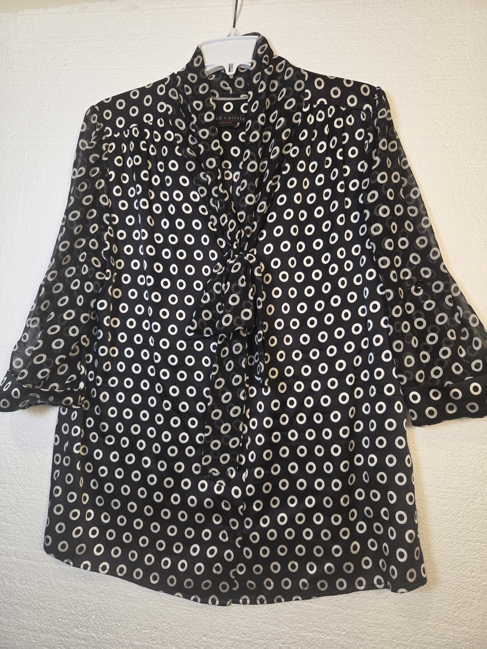 Alice + Olivia Black and White Dot Tie-Neck Blouse